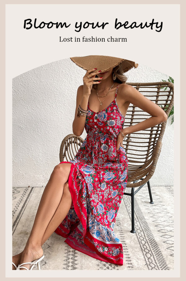 The Wine Red Floral Asymmetric Sling Dress - Image 6