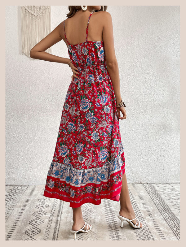 The Wine Red Floral Asymmetric Sling Dress - Image 8