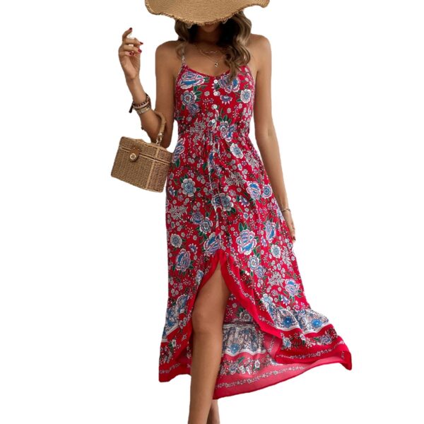 The Wine Red Floral Asymmetric Sling Dress - Image 2