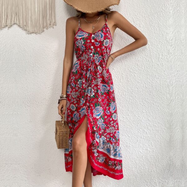 The Wine Red Floral Asymmetric Sling Dress